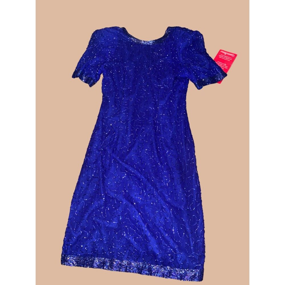 Vintage Stenay Royal Blue Beaded Silk Sequin lined  Dress Size 8 Zipper India